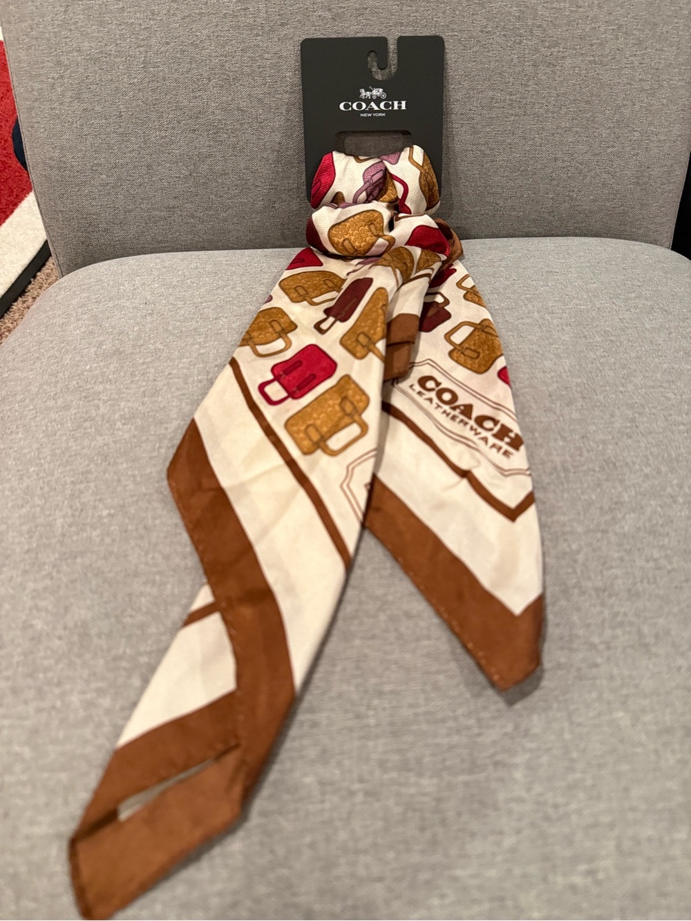 Coach Cream and Brown Signature Tote Print Twilly Scarf